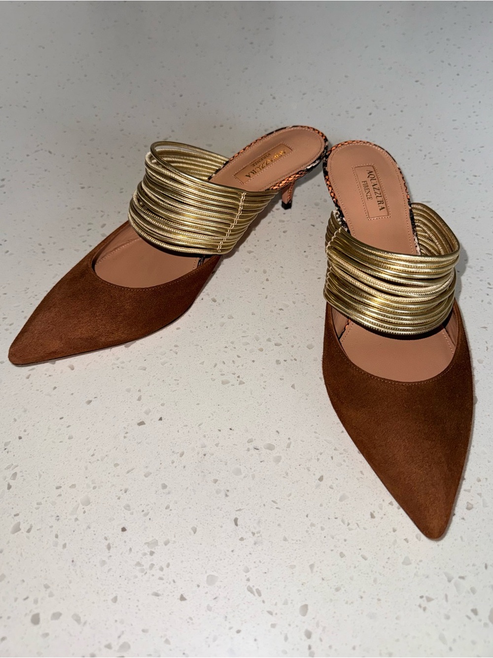 Aquazzura Brown Suede Pointed Mule with Gold Coil Detail